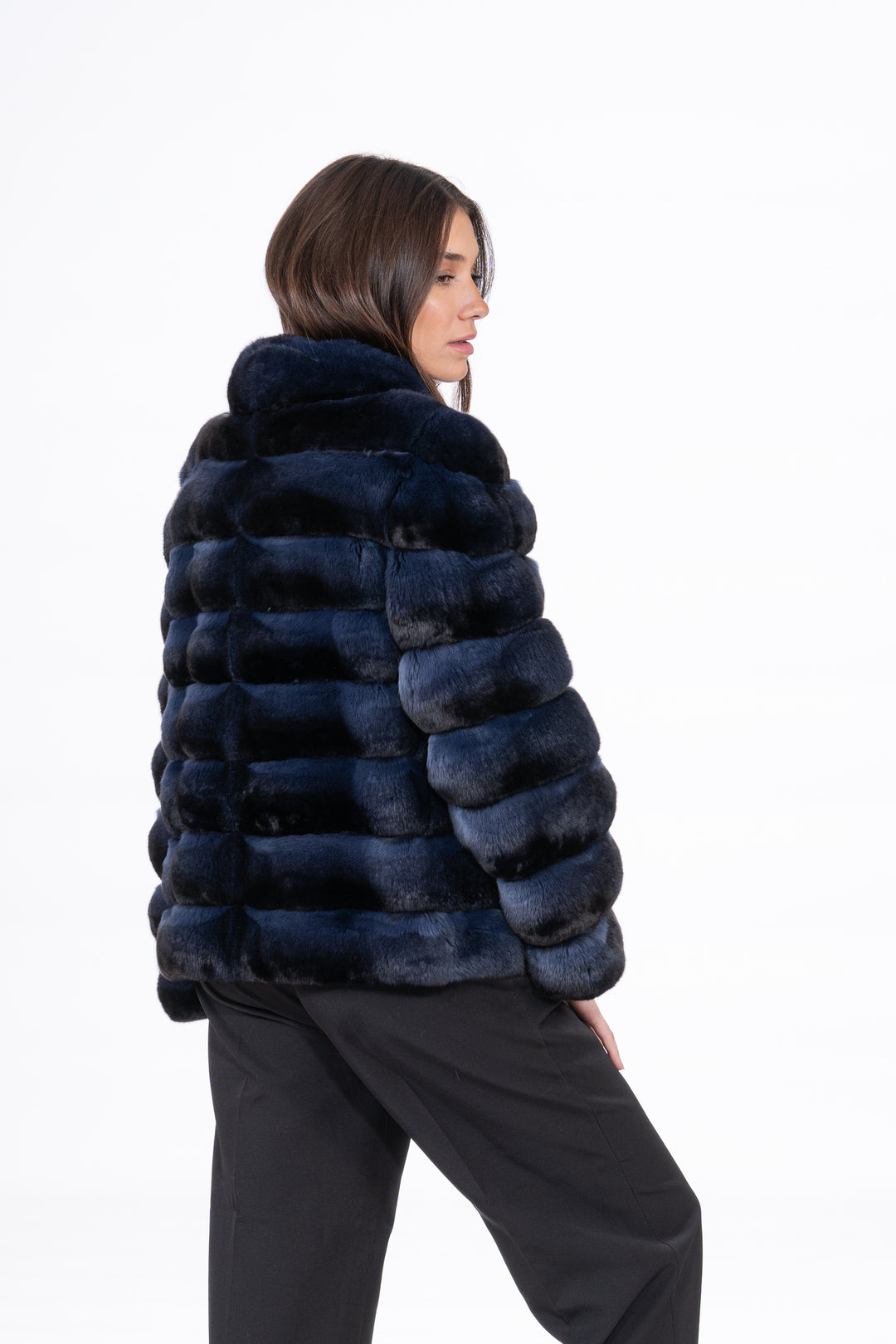 Model wearing a Blue Black Chinchilla fur coat by manzari