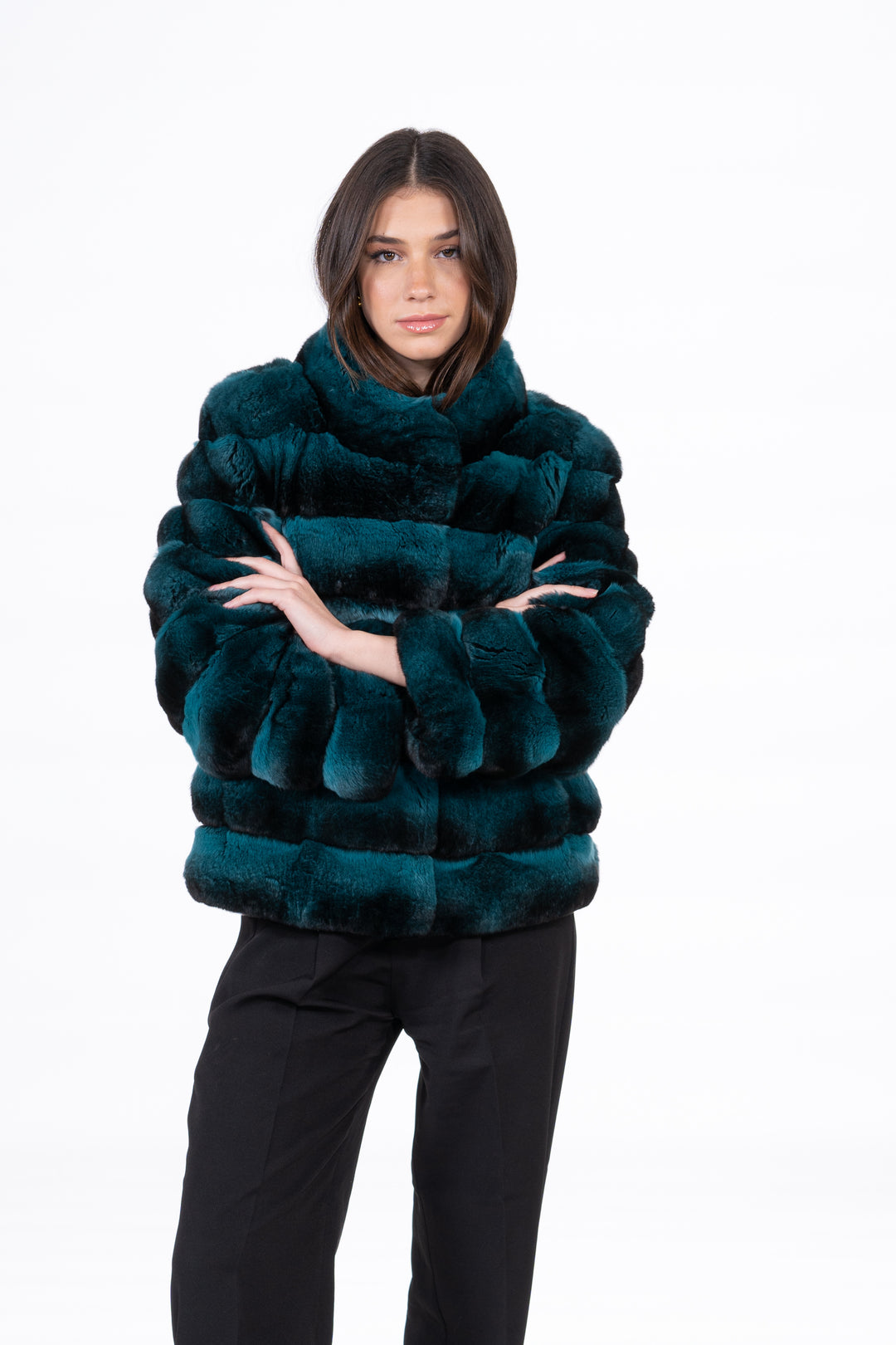 Model wearing a Green Chinchilla fur coat by manzari