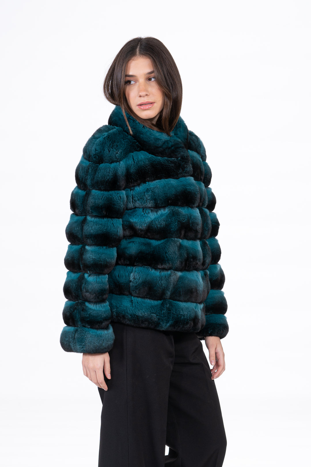 Model wearing a Green Chinchilla fur coat by manzari