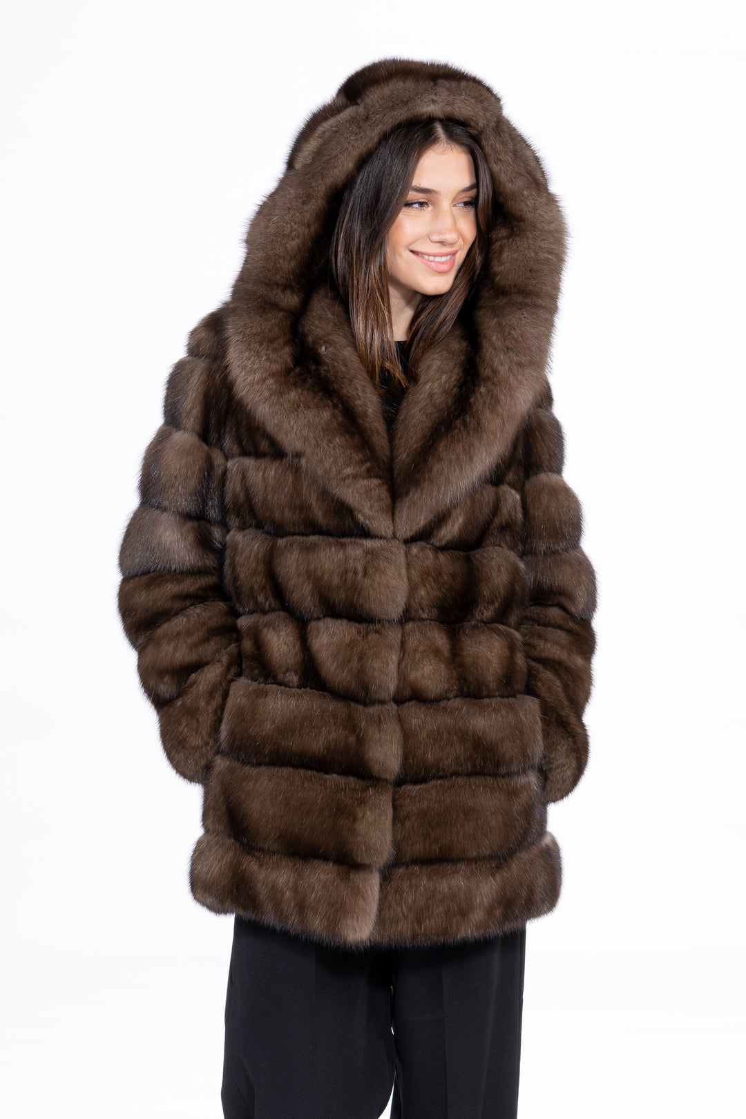 Model wearing a Gun Metal Russian sable fur coat by manzari