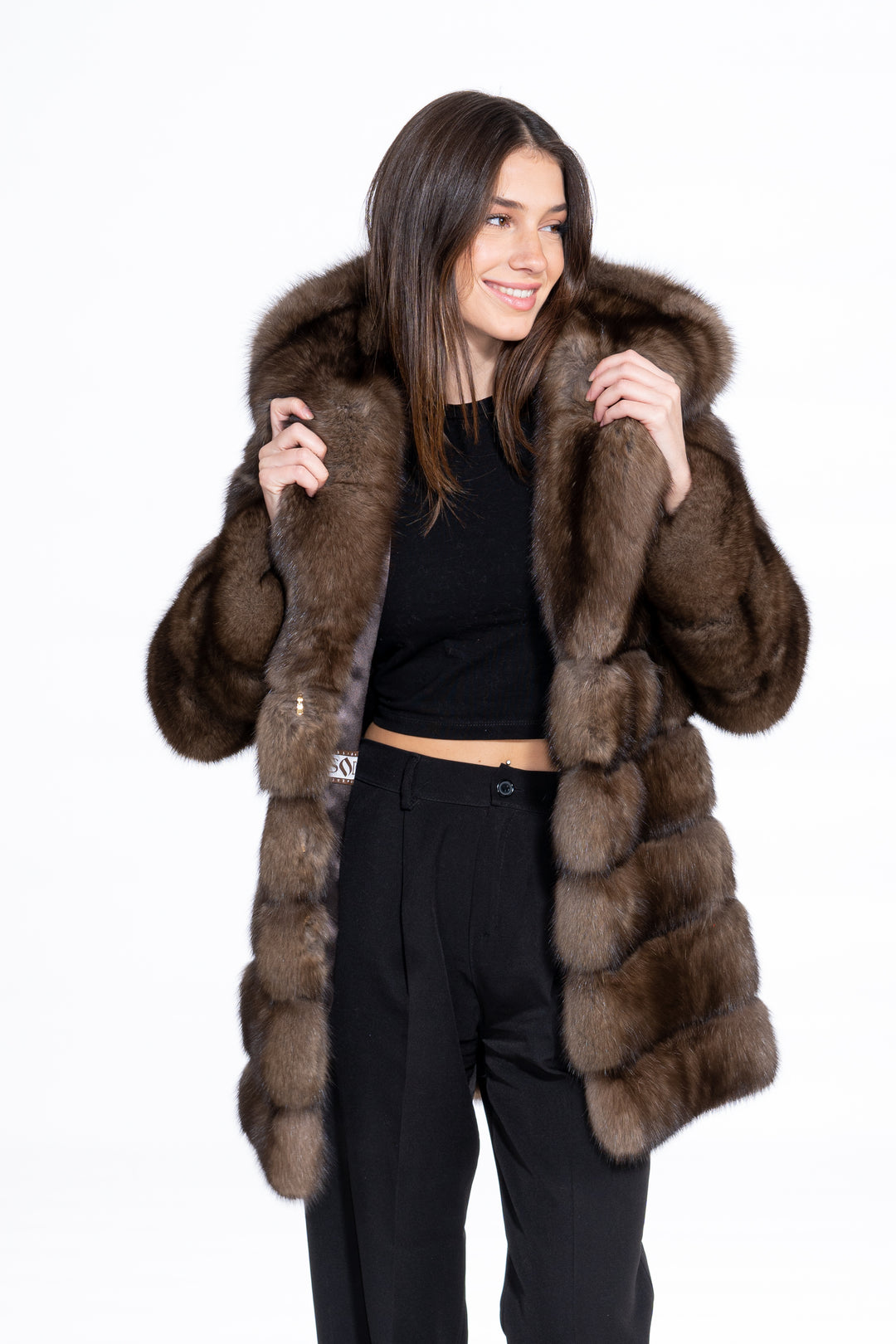 Luxurious Gun Metal Russian sable fur coat on display