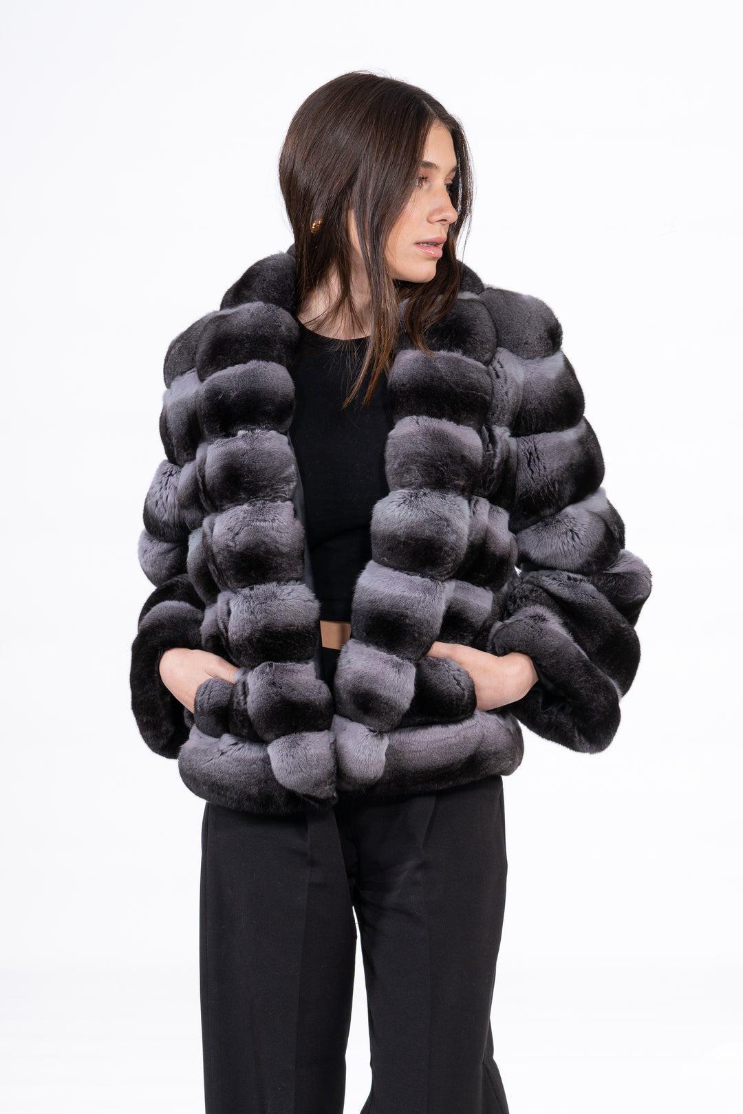 Model wearing a Ash Chinchilla fur coat by manzari