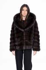 Short dark brown Russian sable jacket with a hood, featuring horizontal fur panels and a deep, oversized collar.