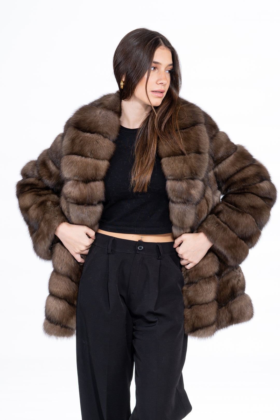 Model wearing a Platinum Russian sable fur coat by manzari