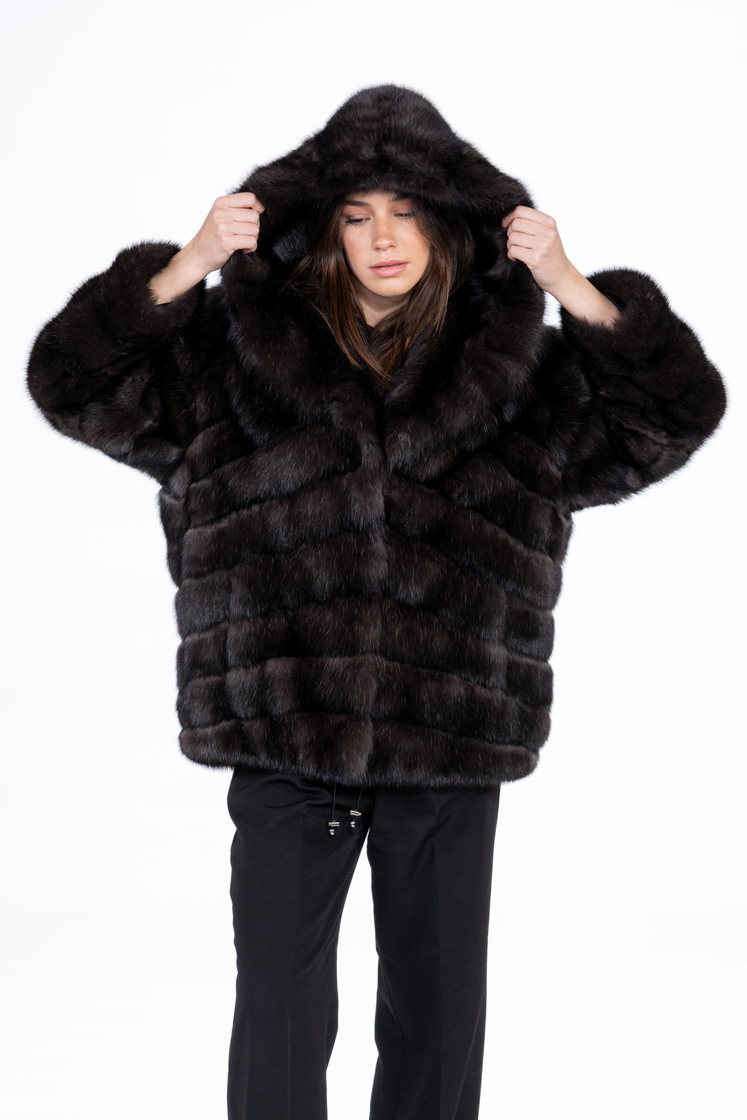 Model wearing a Carbonio Russian sable fur coat by manzari