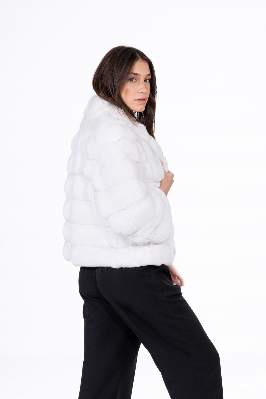 Model wearing a Snow White Chinchilla fur coat by manzari