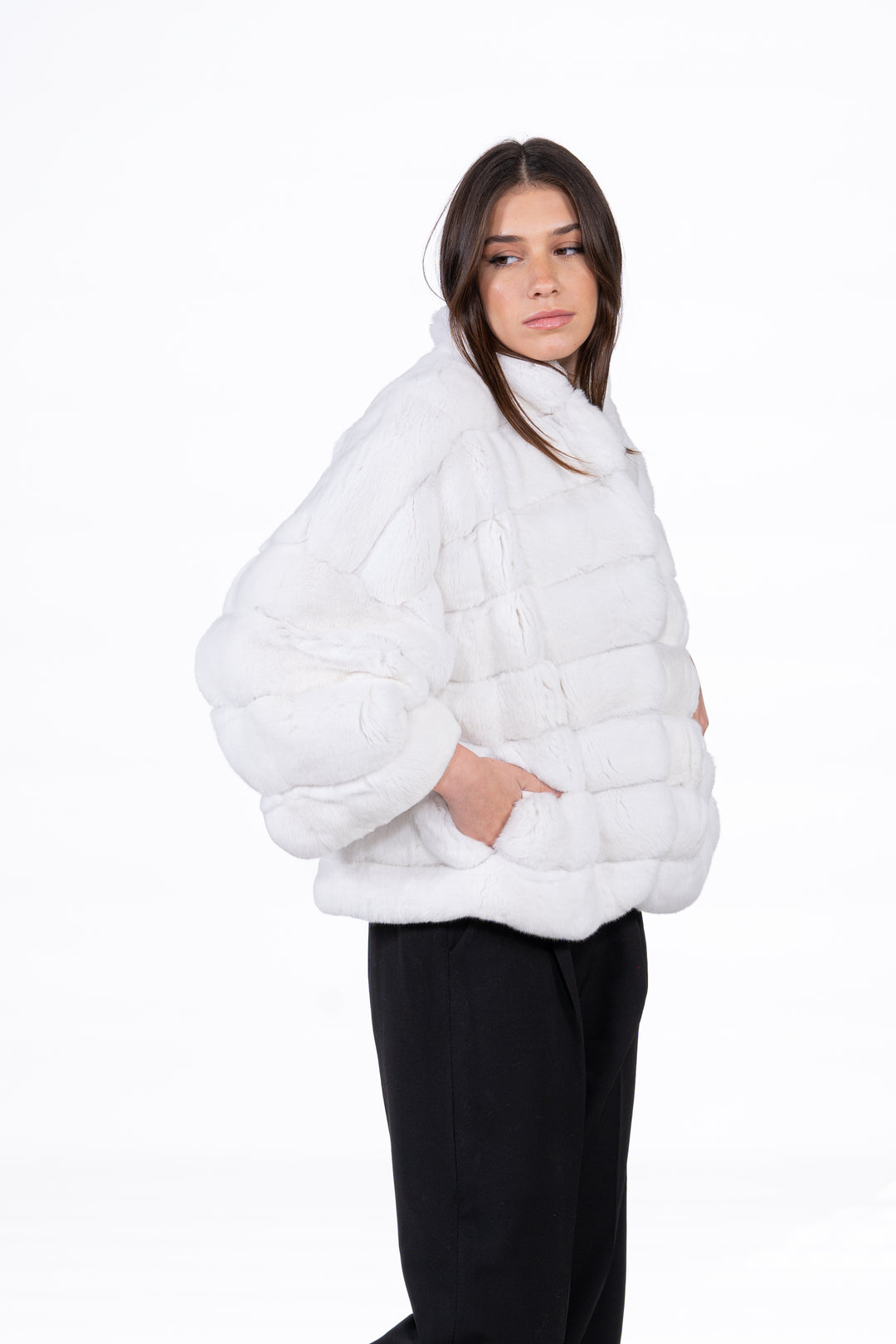 Model wearing a Snow White Chinchilla fur coat by manzari