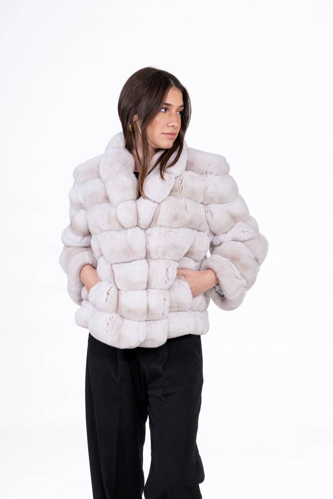 Model wearing a Ice Cream Chinchilla fur coat by manzari
