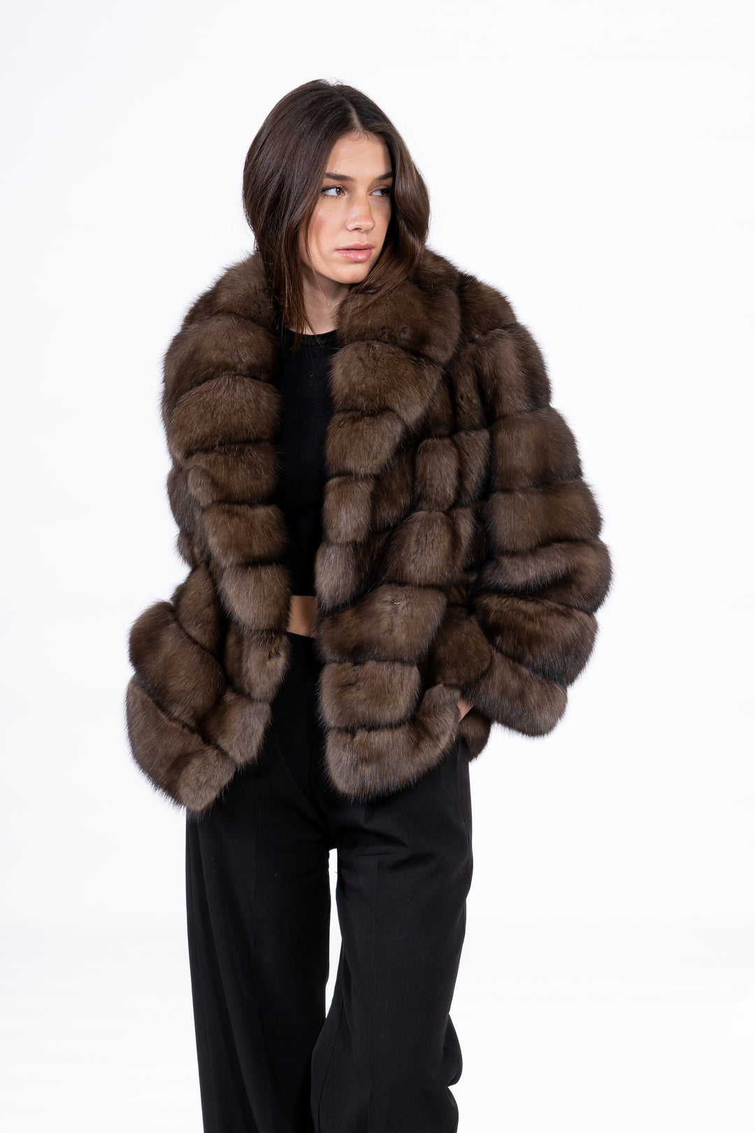 Model wearing a Platinum Russian sable fur coat by manzari