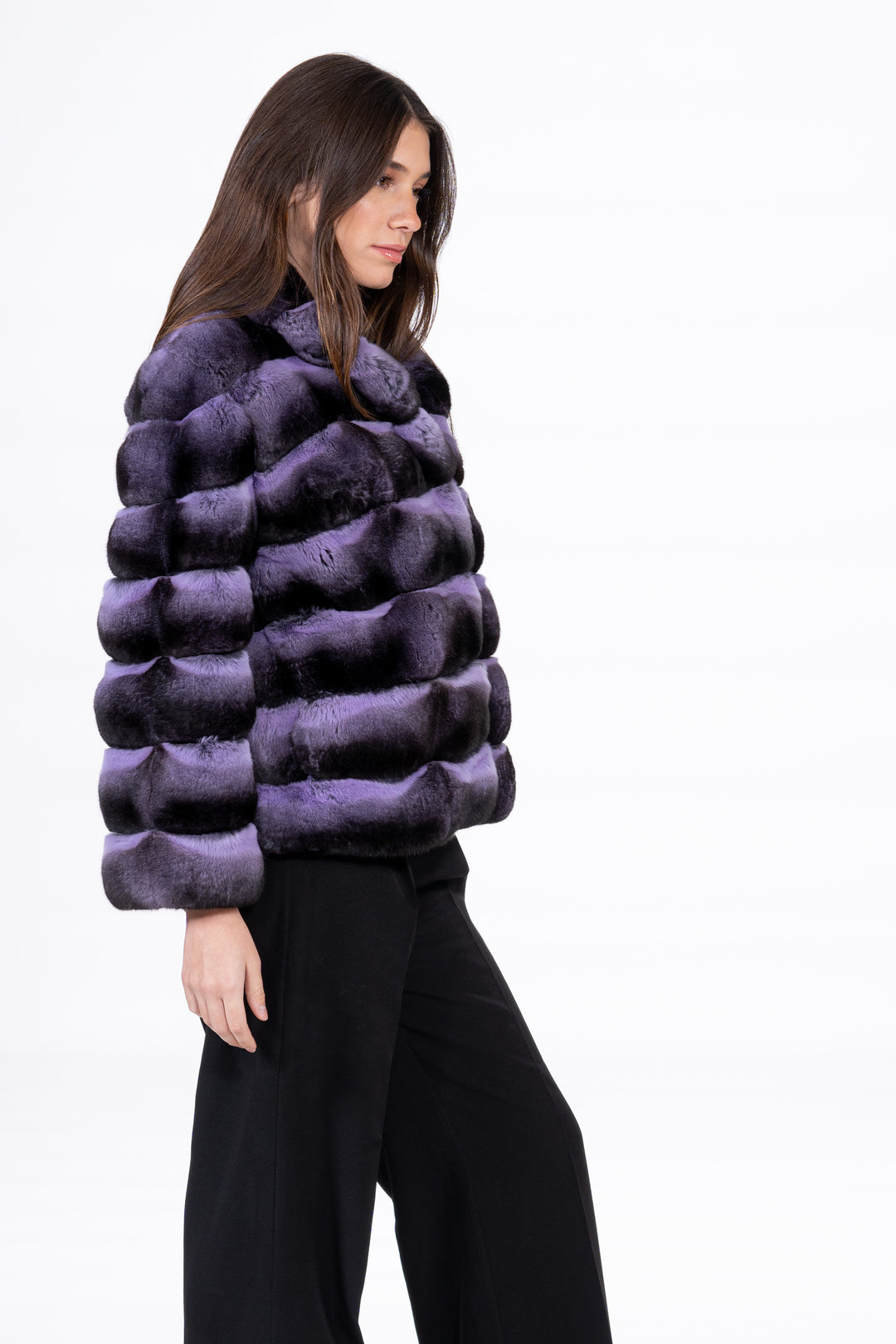 Model wearing a Lavender Chinchilla fur coat by manzari