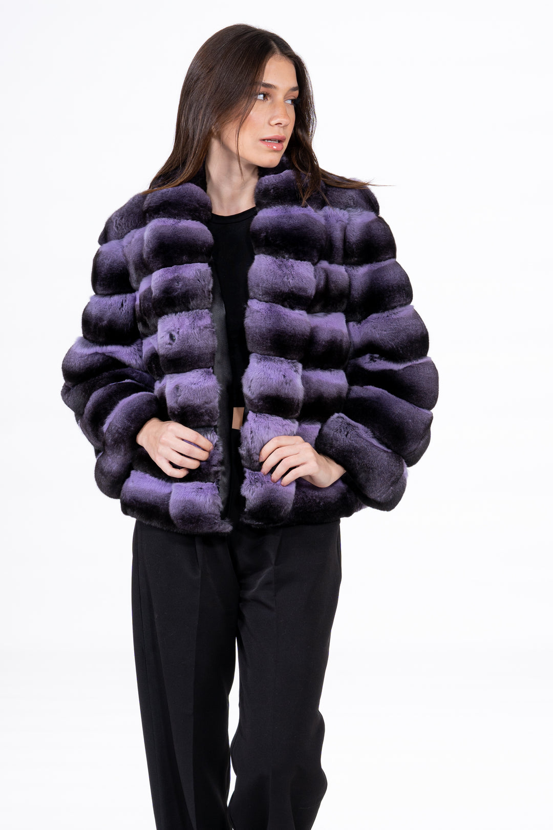 Manzari Lavender Chinchilla fur coat with a modern touch