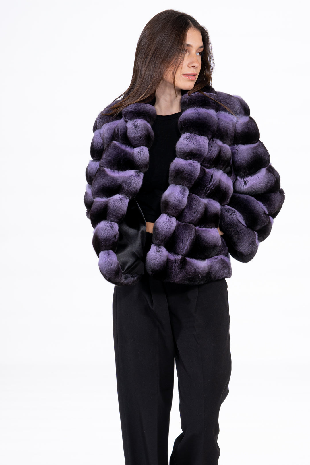 Model wearing a Lavender Chinchilla fur coat by manzari