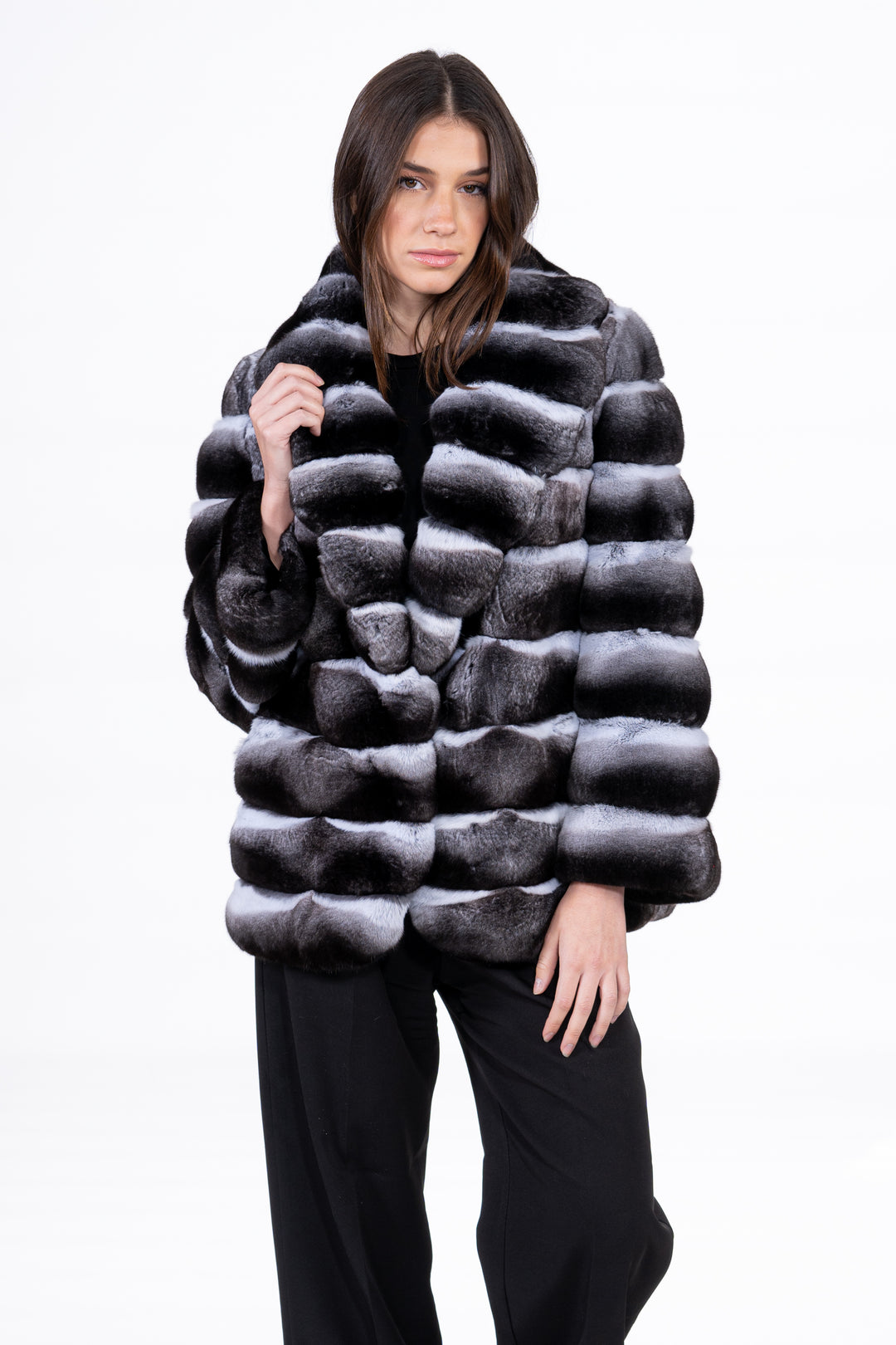 Model wearing a Natural Chinchilla fur coat by manzari