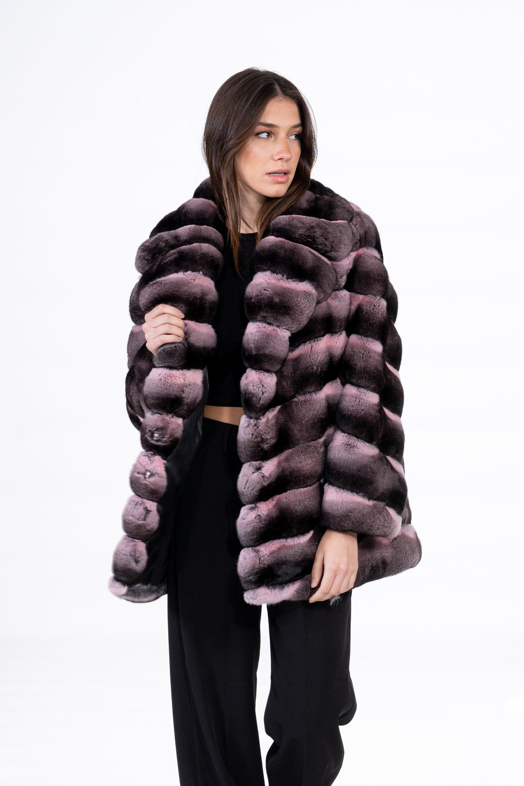 Model wearing a Pink Chinchilla fur coat by manzari