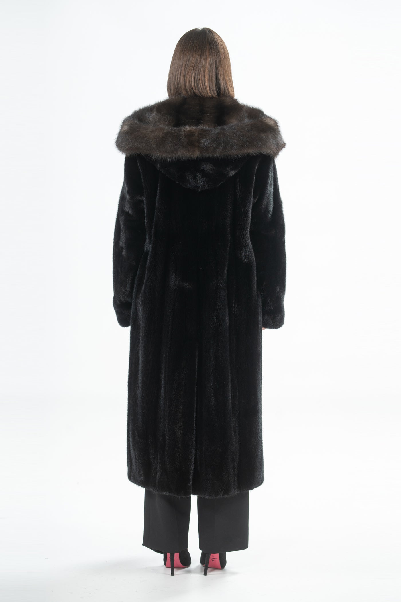 MINK COAT BELT HOOD DARK SABLE TRIM