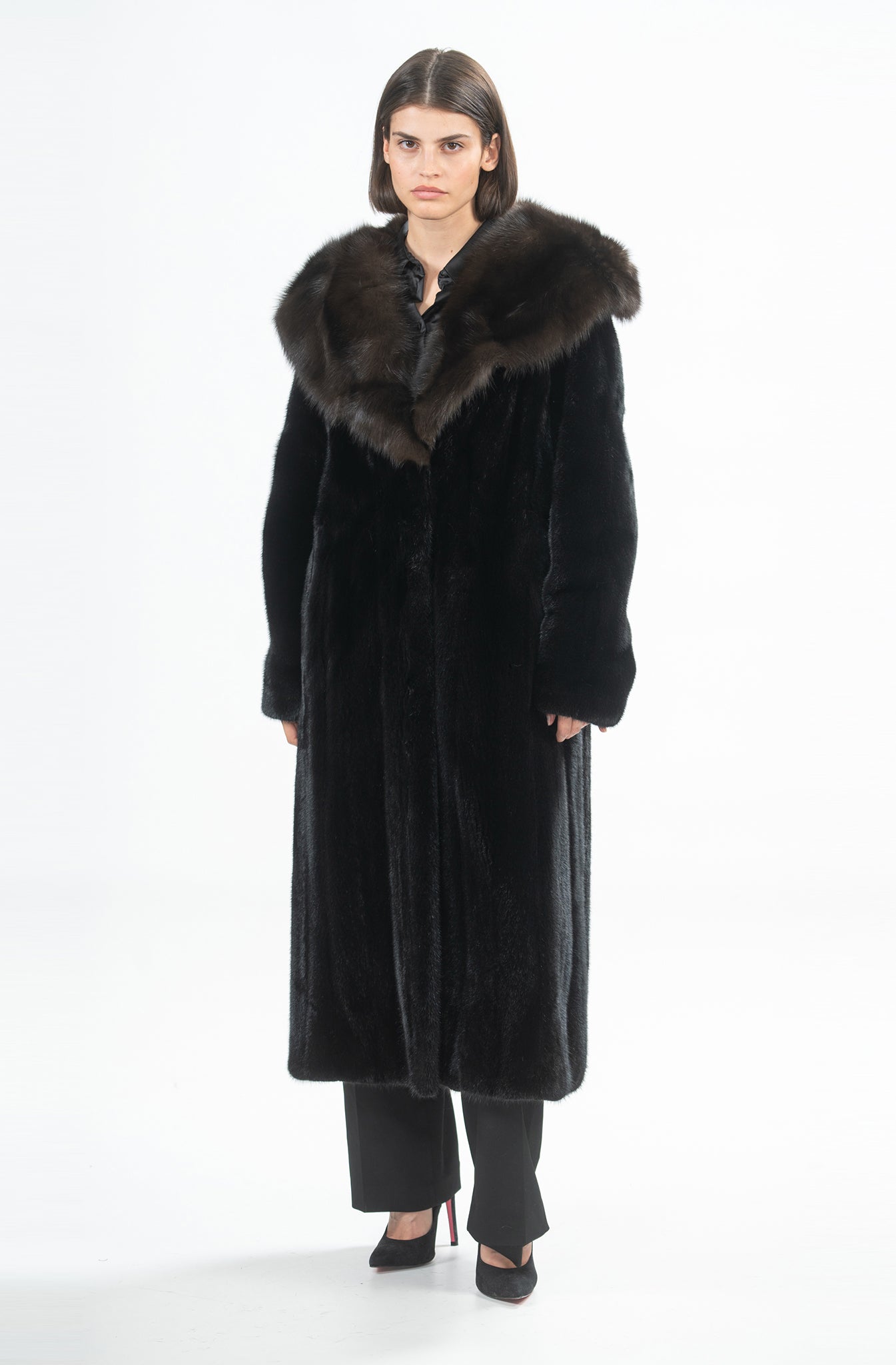 MINK COAT BELT HOOD DARK SABLE TRIM