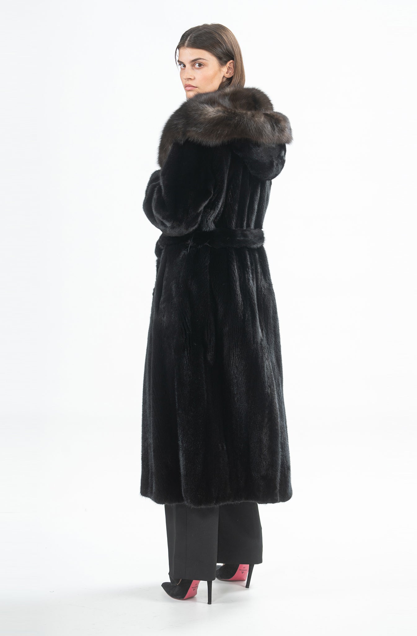 MINK COAT BELT HOOD DARK SABLE TRIM