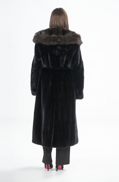 MINK COAT BELT HOOD DARK SABLE TRIM