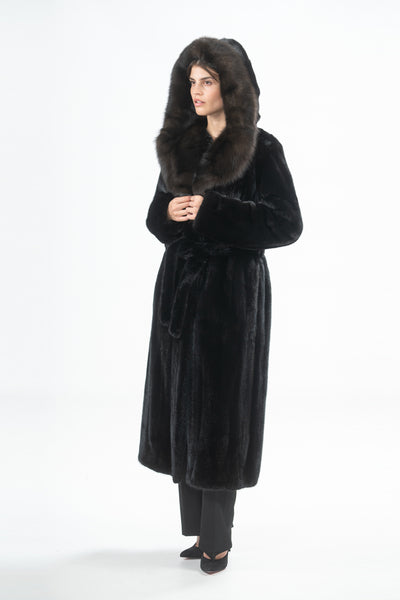 MINK COAT BELT HOOD DARK SABLE TRIM