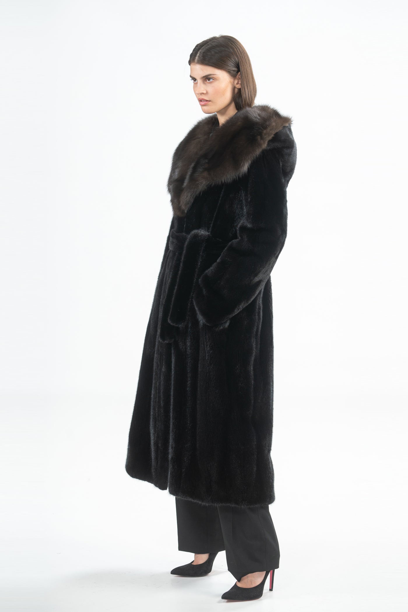 MINK COAT BELT HOOD DARK SABLE TRIM