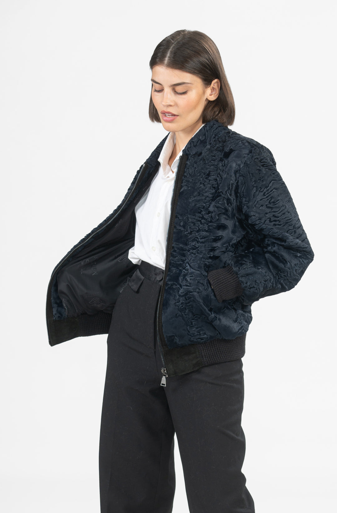 Manzari Swakara fur coat with intricate details