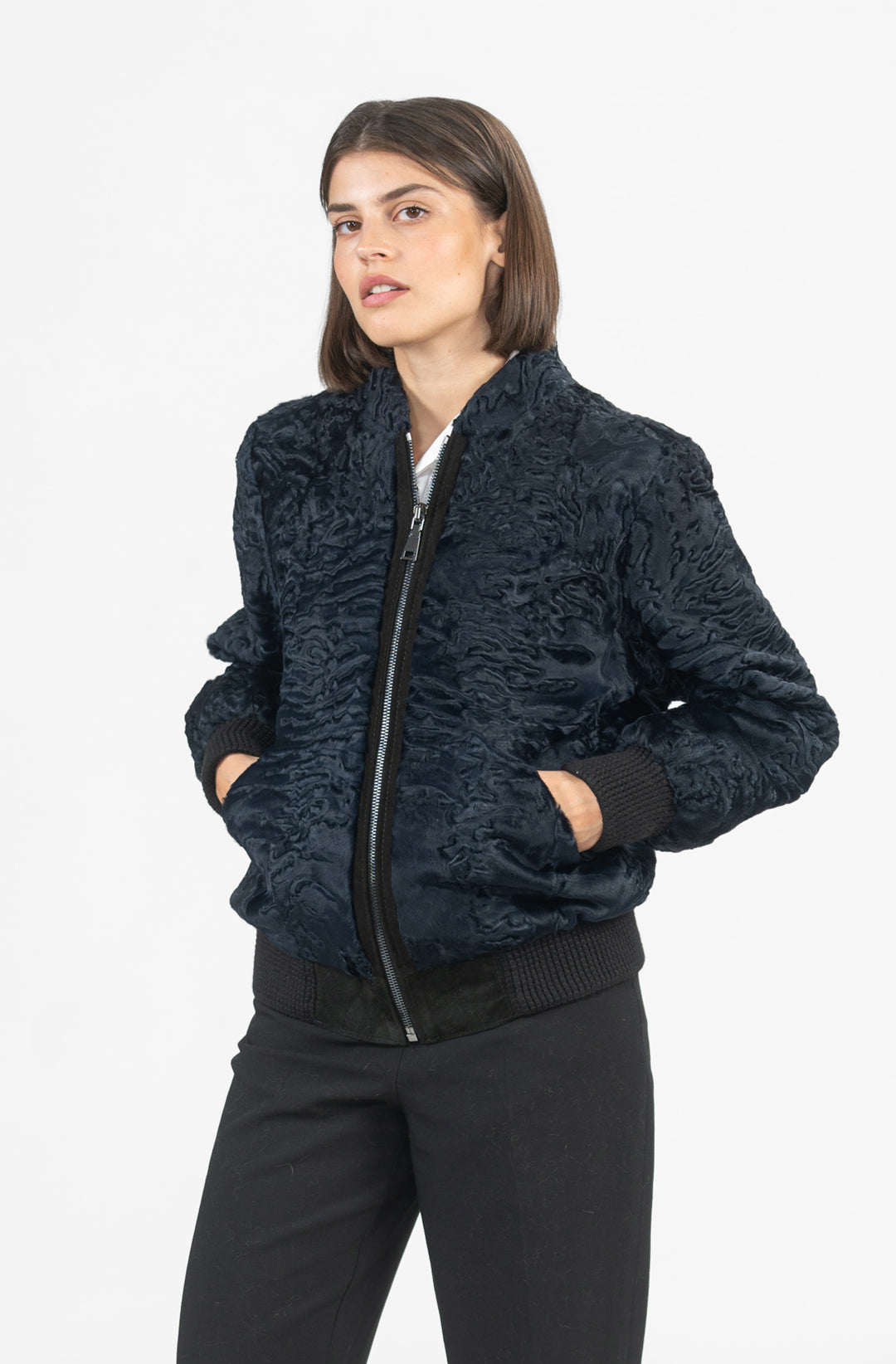 Manzari Swakara fur coat with intricate details