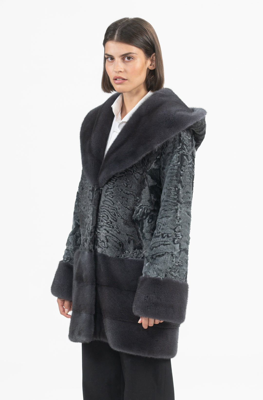 Elegant Grey Swakara fur coat for modern fashion
