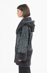 Manzari Grey Swakara fur coat with intricate details