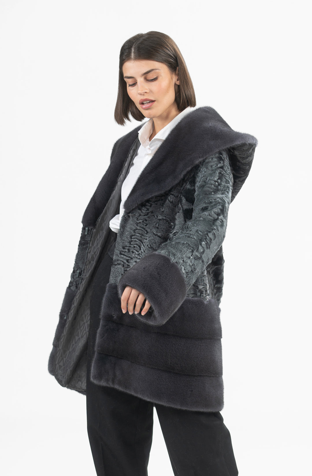 Manzari swakara fur coat with intricate details